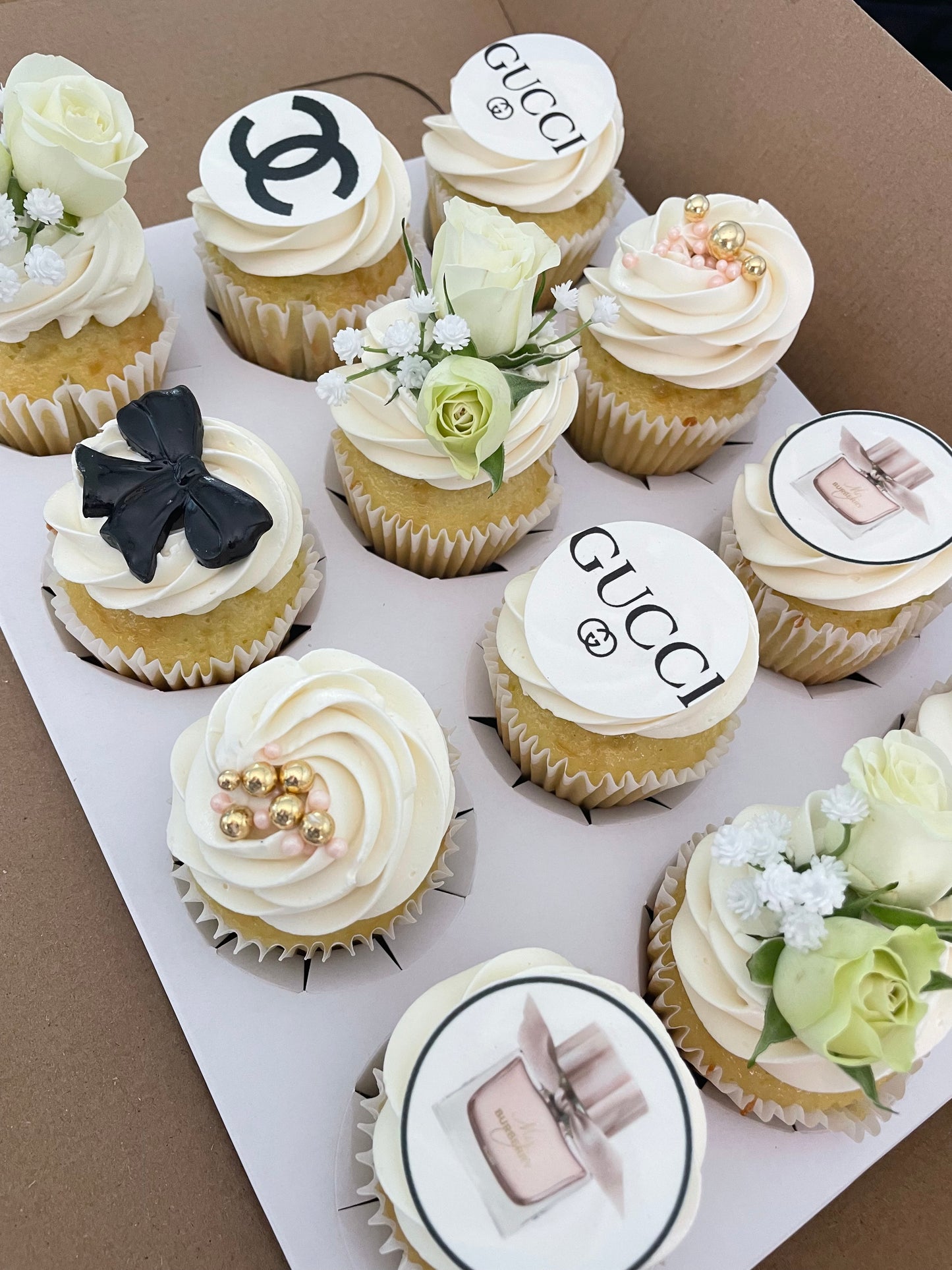 Swiss Meringue Buttercream Floral Glam-Lux Cupcakes w/ toppers and decor