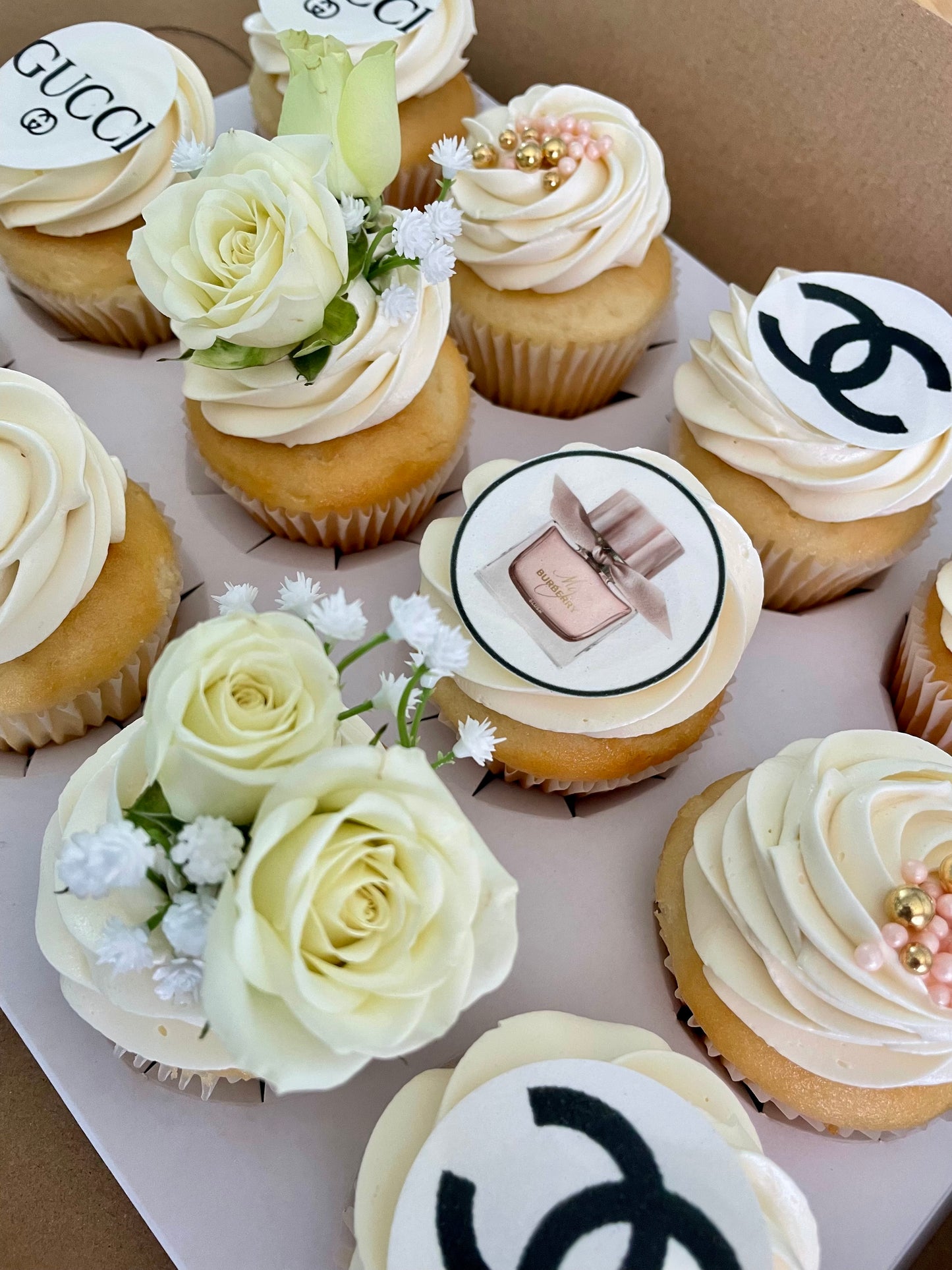 Swiss Meringue Buttercream Floral Glam-Lux Cupcakes w/ toppers and decor